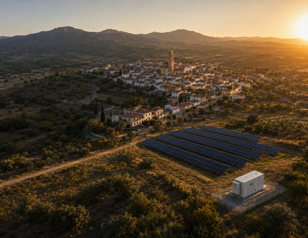 Escena conceptual de un pueblo español conectado con producción solar y almacenamiento